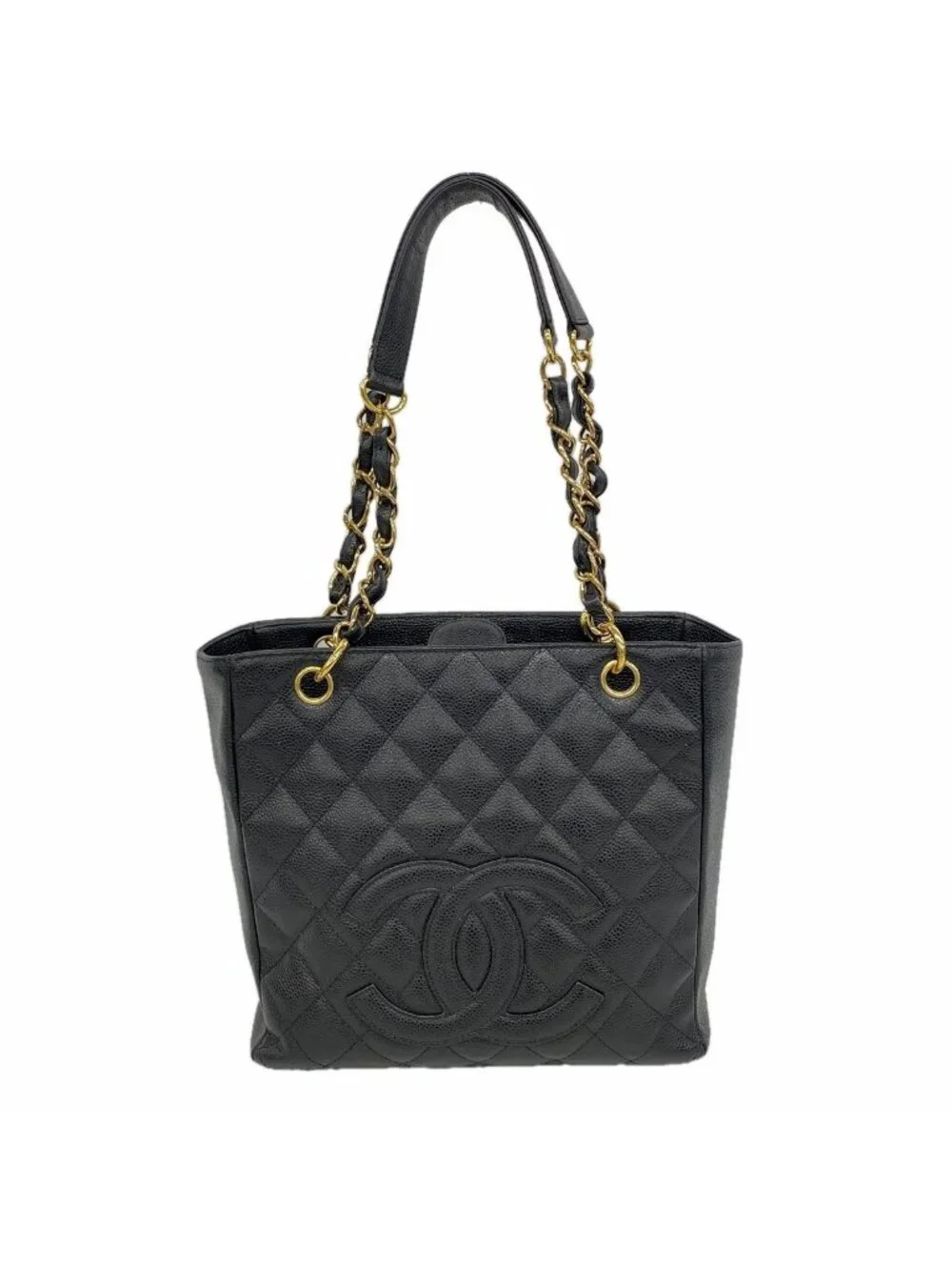 Chanel Chain Tote Bag Quilted Caviar Leather Black Gold